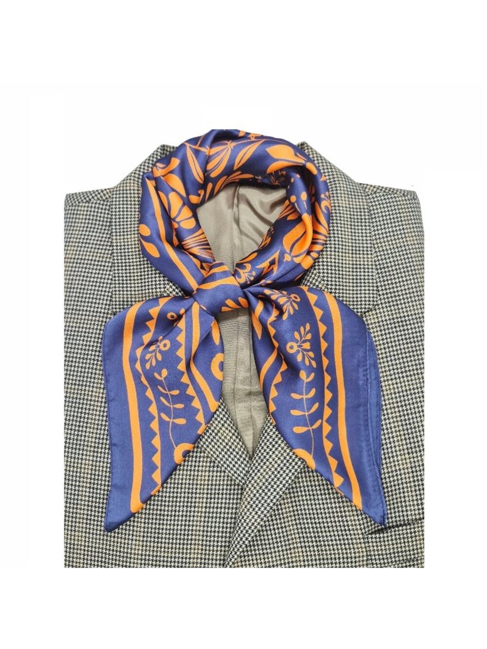 ✨Luxurious Navy and Orange Silk Scarf with Classical Floral and Botanical Print